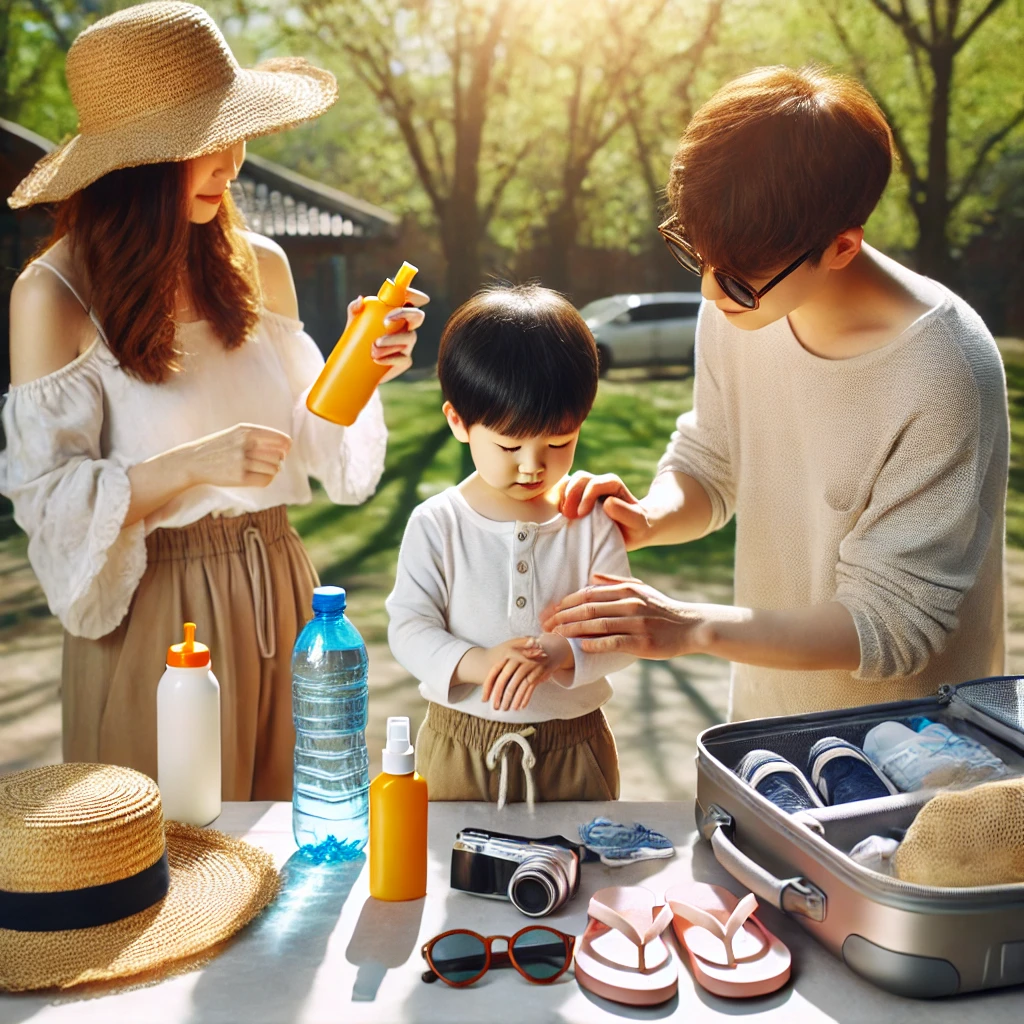 어린이날 외출을 준비하며 자외선 차단제를 바르고 있는 가족