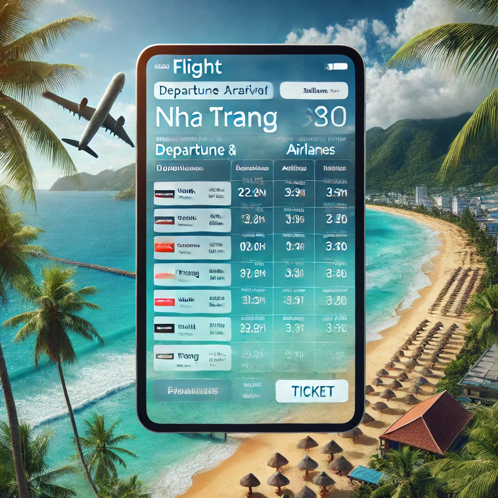 항공권 검색 화면과 나트랑 해변 배경
