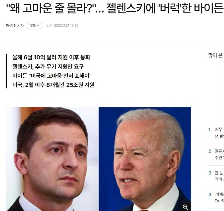 "왜 고마운 줄 몰라?''... 젤렌스키에 '버럭'한 바이든
허경주 기자
구독 +
입력 2022.11.01 19:30
올해 6월 10억 달러 지원 이후 통화 젤렌스키, 추가 무기 지원만 요구 바이든 "미국에 고마움 먼저 표해야"
미국, 2월 이후 8개월간 25조원 지원
Q