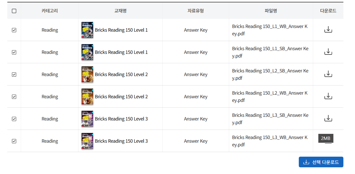 브릭스 리딩 150 답지 레벨 1, 2, 3 다운로드