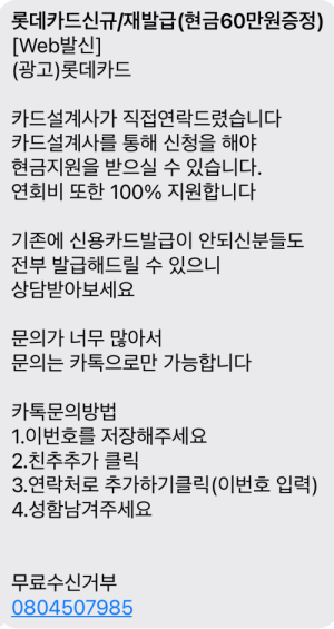 문자 사기 내용입니다. 카드사를 가장해 카드발급을 유도하고 개인정보를 빼가는 형식이라고 합니다.