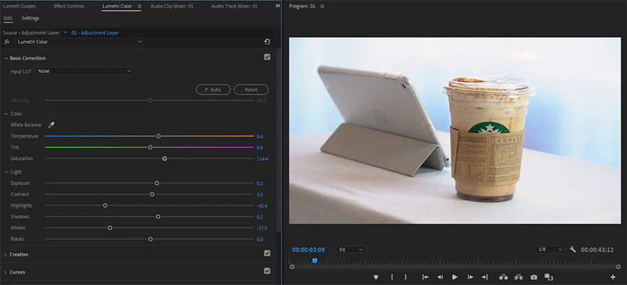 프리미어 프로의 lumetri color로 색 보정을 하는 모습