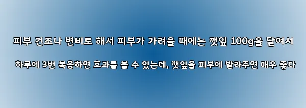 피부 건조나 변비로 해서 피부가 가려울 때에는 깻잎 100g을 달여서 하루에 3번 복용하면 효과를 볼 수 있는데, 깻잎을 피부에 발라주면 매우 좋다