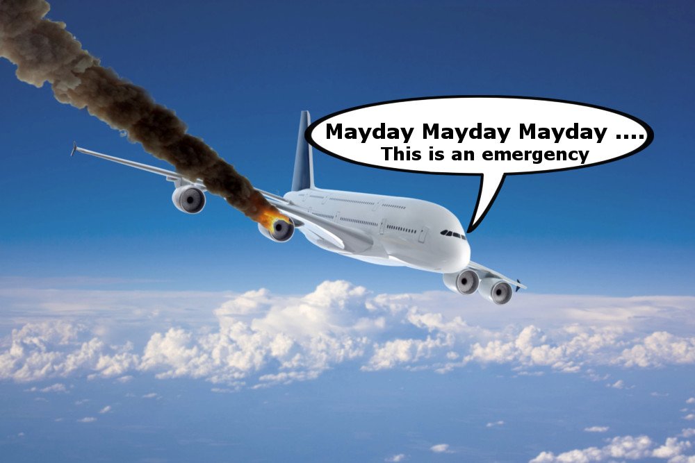 메이데이(mayday) 응급 신호를 보내는 비행기