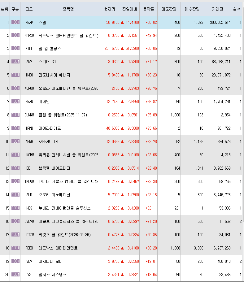  2월4일 미국주식 상승률 상위 종목 TOP 300