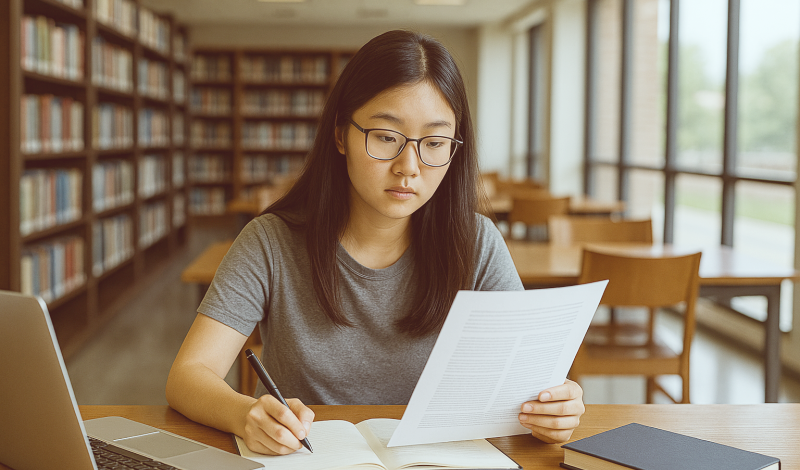 Korean-American student reviewing high school re-enrollment documents at a library in the United States