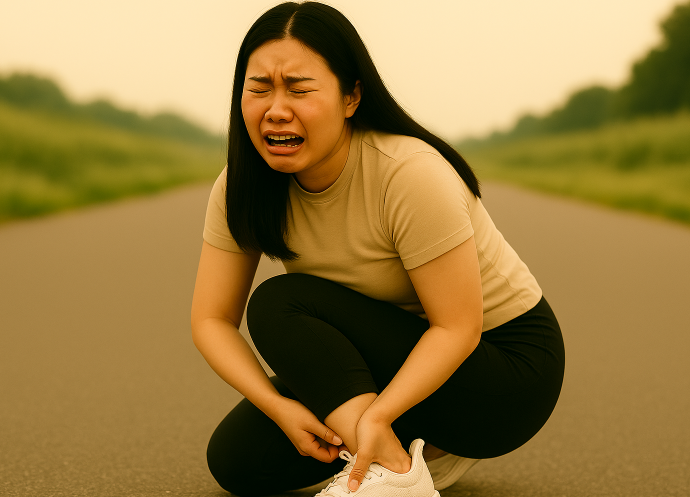 발뒤꿈치를 잡고 고통스러워하는 여성