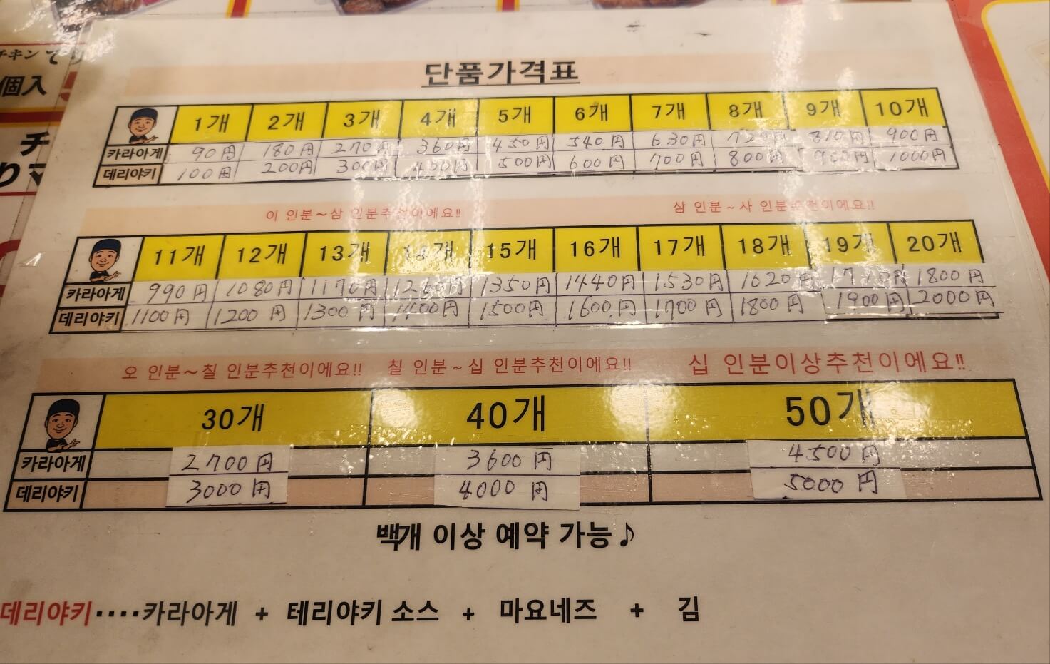 후쿠오카 하카타토요카라테이 단품메뉴판