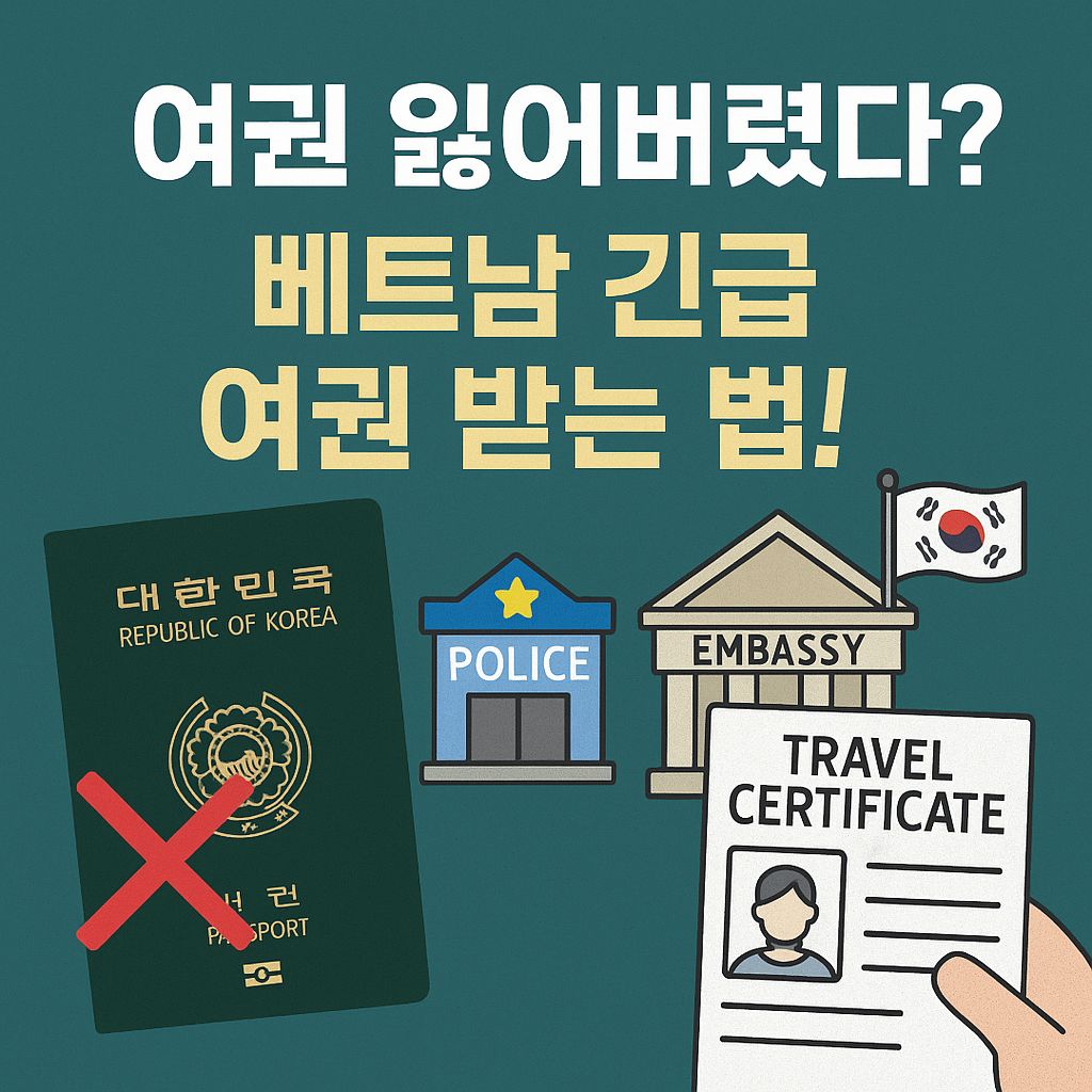 베트남 여행 중 여권을 분실한 상황에서 경찰서, 대사관, 긴급 여권 발급 절차를 설명하는 한국어 인포그래픽 스타일의 썸네일 이미지로, 여권 아이콘과 경고 표시가 포함되어 있습니다.