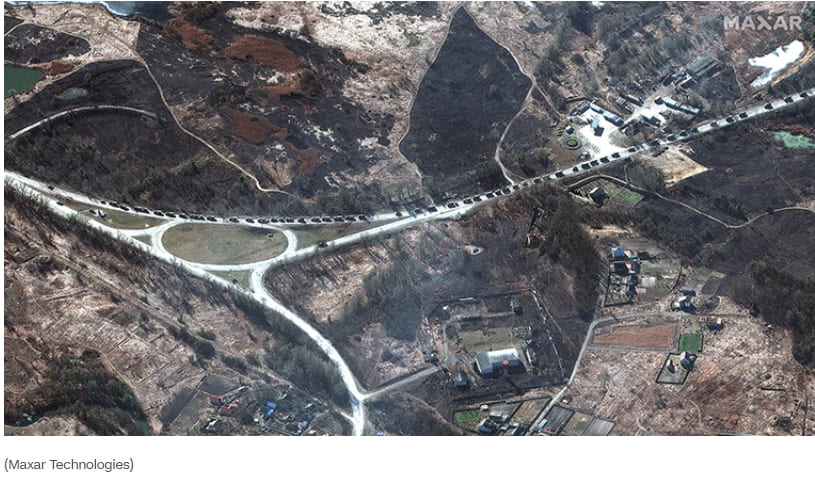  길이만 64km...키에프 인근 러시아 대호송 군단 VIDEO: Satellite imagery shows scars of conflict as Russian convoy heads for Kyiv
