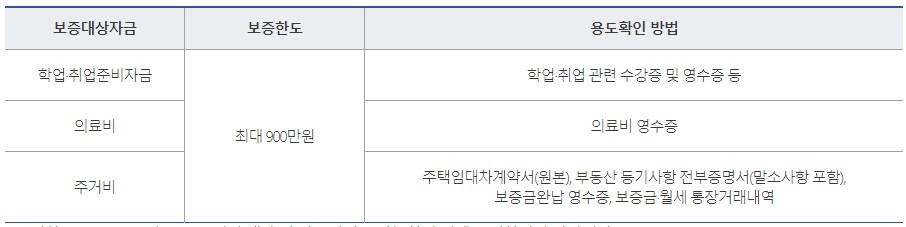 햇살론유스 특정용도자금의 구분 및 보증한도