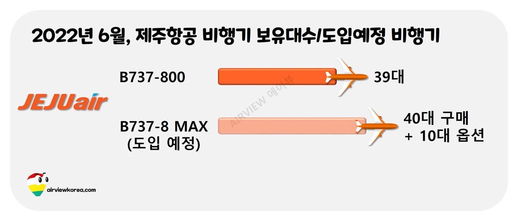 제주항공이 어떤 비행기 기종을 보유하고 있는지 어떤 기종을 도입할지 보여주는 표