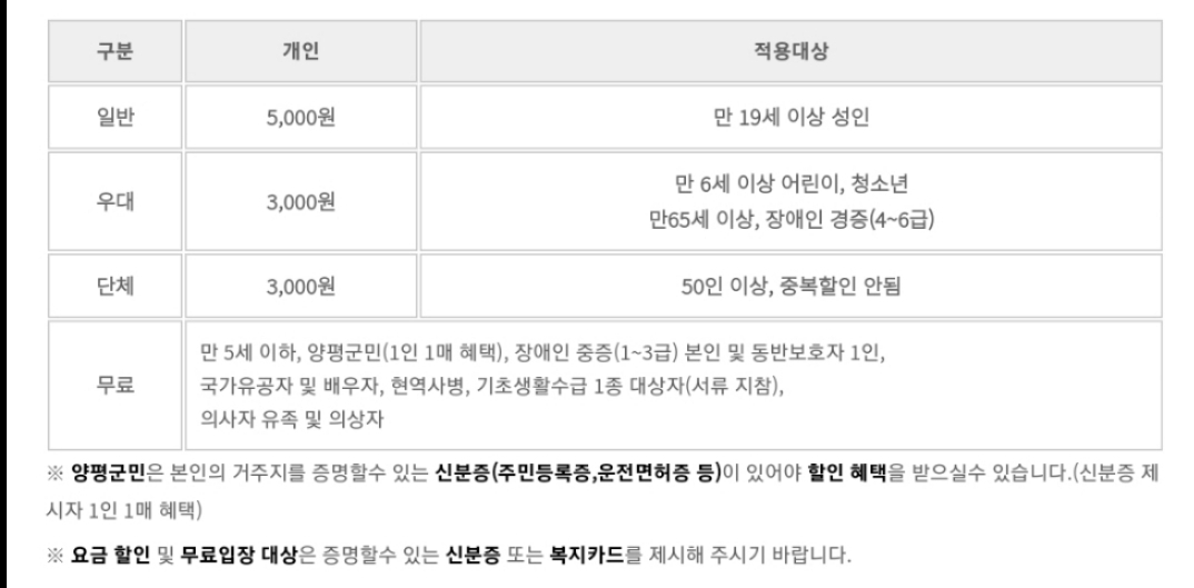 세미원-입장요금표