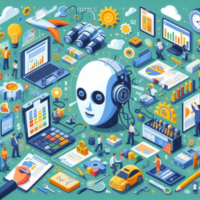 데이터 분석을 위해 다양한 차트와 기기들이 결합된 복잡한 작업 환경을 나타냅니다. 로봇 머리와 함께 여러 기계들이 다양한 정보를 처리하는 모습이 보입니다.