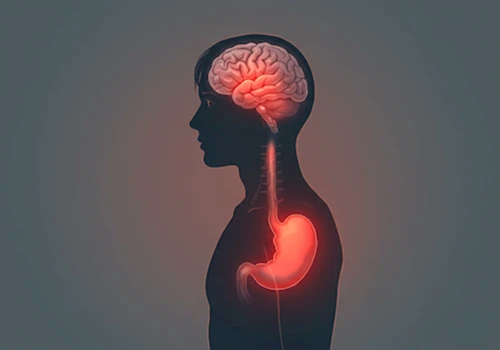 몸과 마음이 빛의 선으로 연결되어 불안감이 신체 통증(경고등)으로 나타나는 것을 보여주는 일러스트.