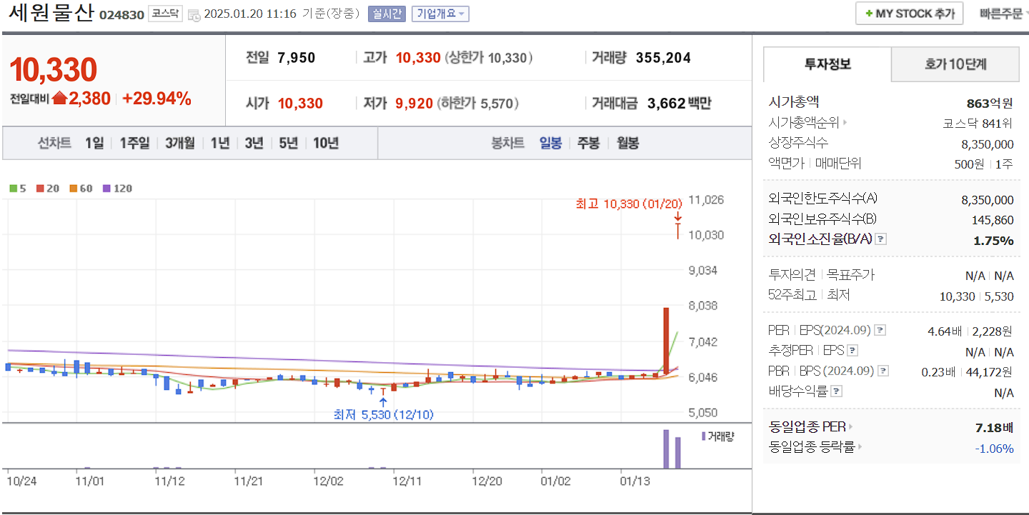 김문수 관련주 대장주 세원물산 일봉 차트