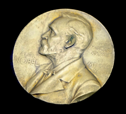 둥근 노란 동전에 노벨의 초상화가 있는 모습
