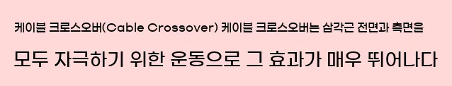  2. 케이블 크로스오버(Cable Crossover) 케이블 크로스오버는 삼각근 전면과 측면을 모두 자극하기 위한 운동으로, 그 효과가 매우 뛰어나다.