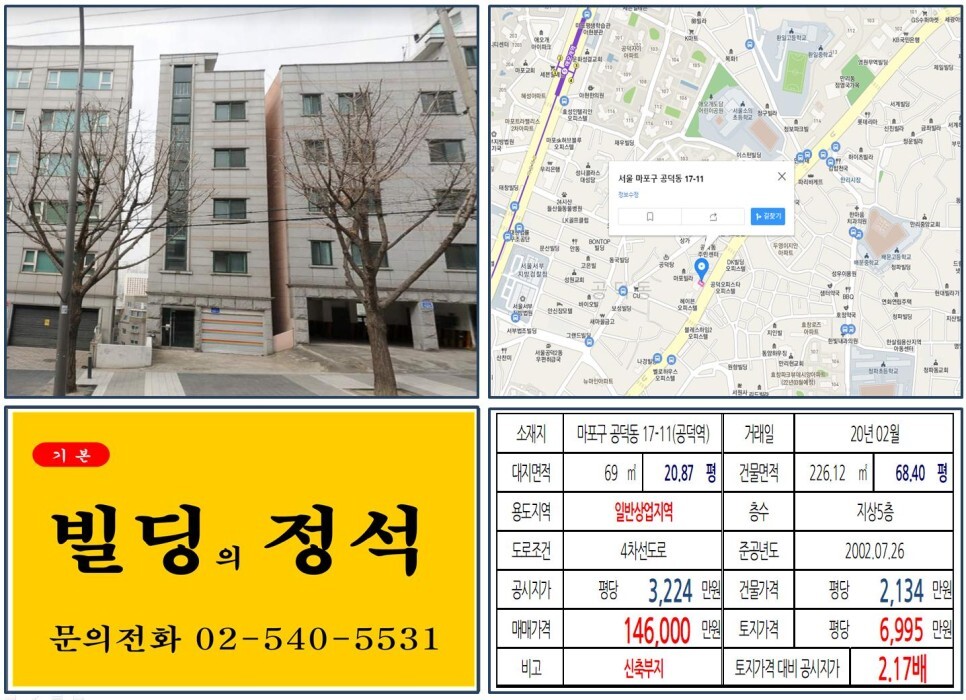  [마포구 공덕뉴타운 10억 꼬마빌딩 실거래가 조회] 공덕동 17-11 (애오개역) 14억 6,000만 원, 평당 6,995만 원 매매되었습니다.