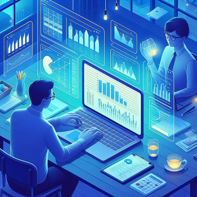 어두운 방에서 데이터 분석을 진행하는 전문가