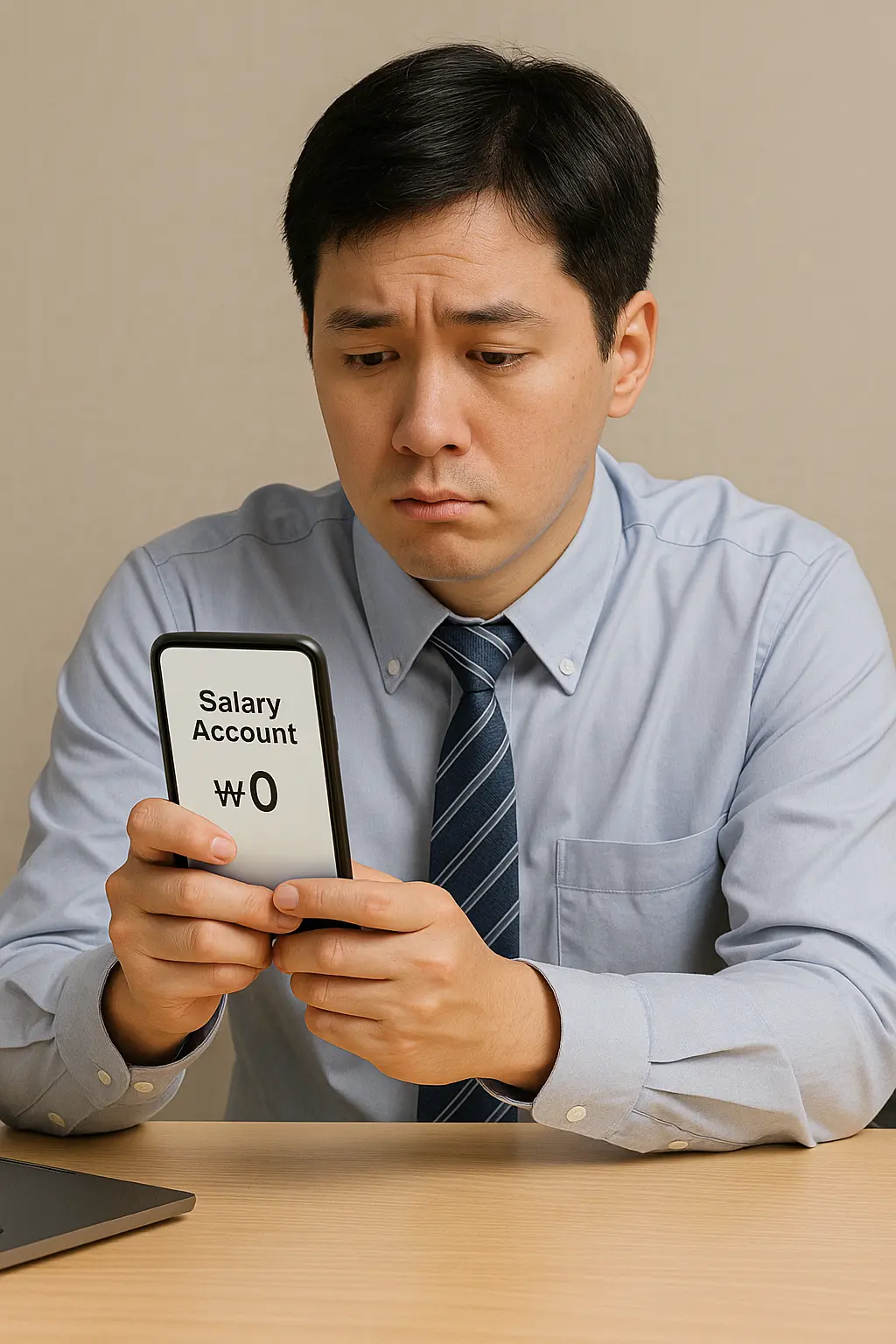 급여통장 잔액이 0원인 스마트폰 화면을 바라보며 걱정하는 직장인의 모습