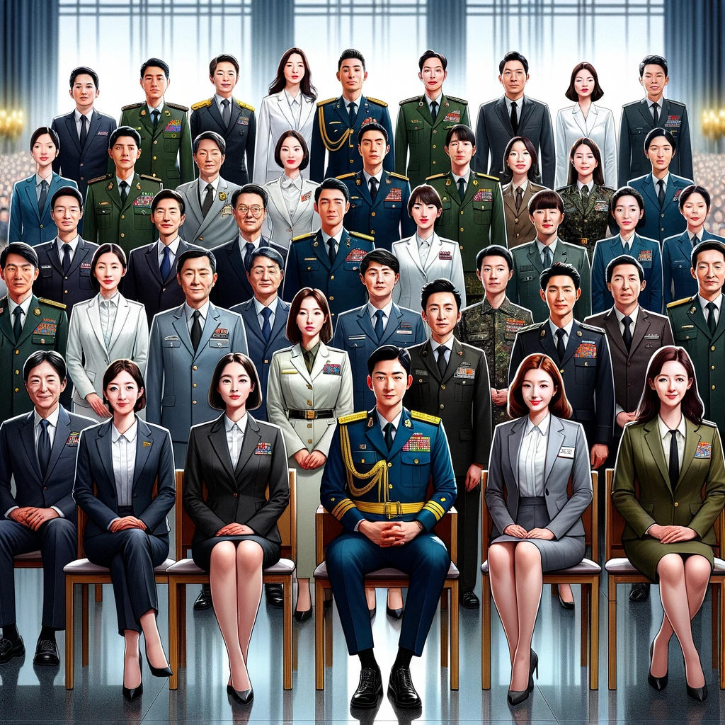 위 이미지는 한국의 군인과 공무원들을 나타내고 있습니다. 군인 10명(여성 5명&amp;#44; 남성 5명)과 공무원 10명(여성 5명&amp;#44; 남성 5명)이 전문직업 복장으로 표현되어 있으며&amp;#44; 이들은 각각 다양한 계급과 직급을 대표하고 있습니다. 이들의 모습은 한국의 군인과 공무원 사이의 성비 균형과 다양성을 존중과 위엄을 담아 세밀하게 묘사하고 있습니다.