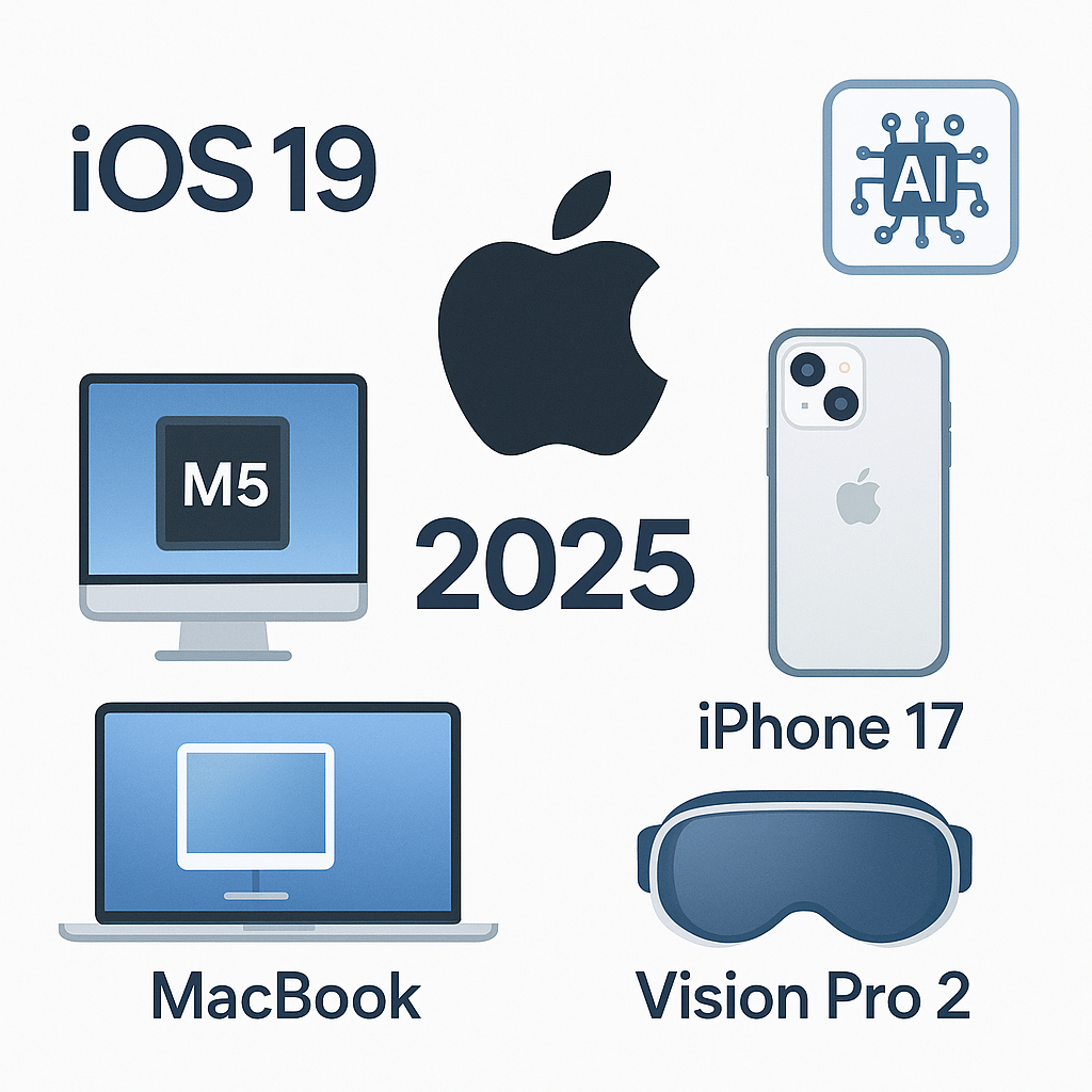 Apple 2025 - M5 칩, iOS 19, iPhone 17, Vision Pro 2 애플 2025년 출시 제품 요약 인포그래픽