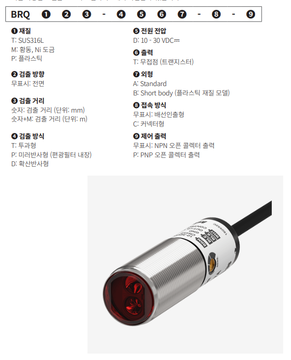 BRQ원형 포토센서의 주문방법을 설명한 사진