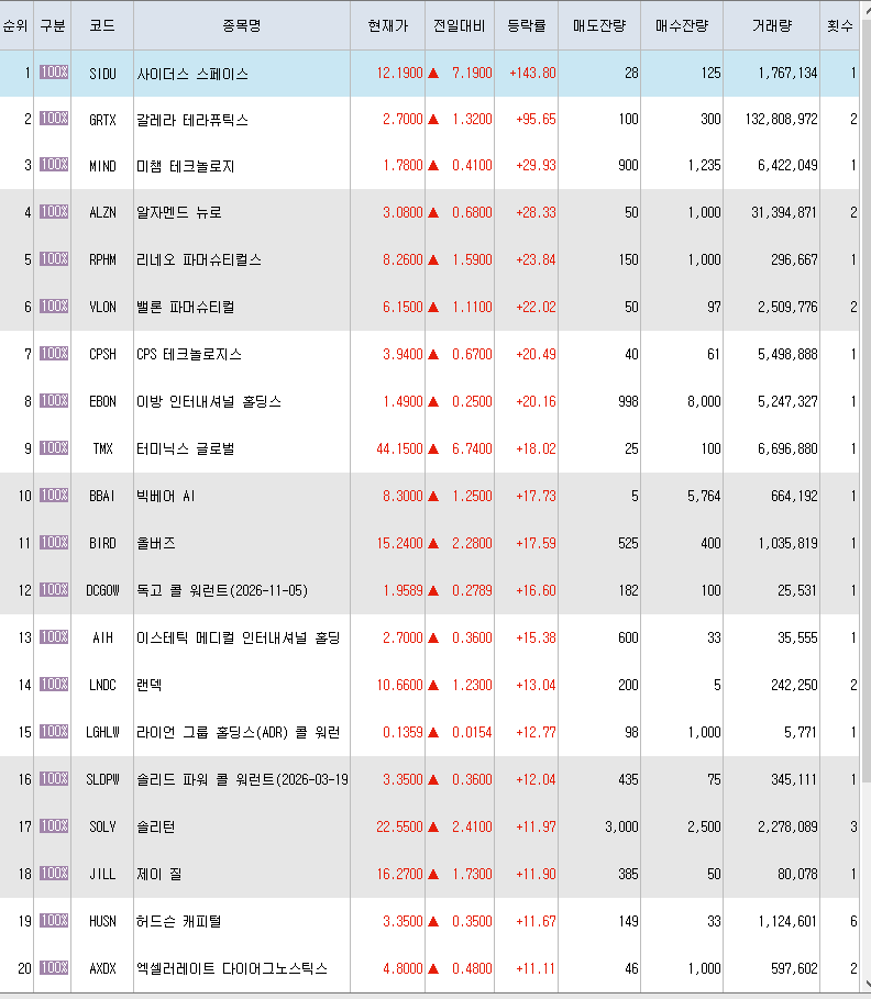  12월14일 미국주식 상승률 상위 종목 TOP 300
