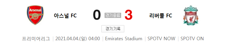  프리미어리그 / 2021년 4월 4일 경기 - 아스널(0) VS 리버풀(3) 축구 하이라이트