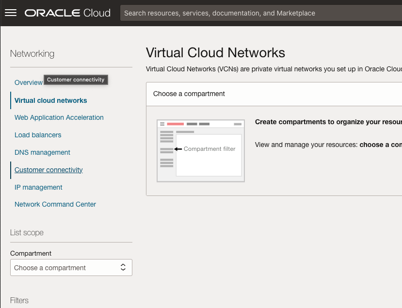 virtual cloud networks menu