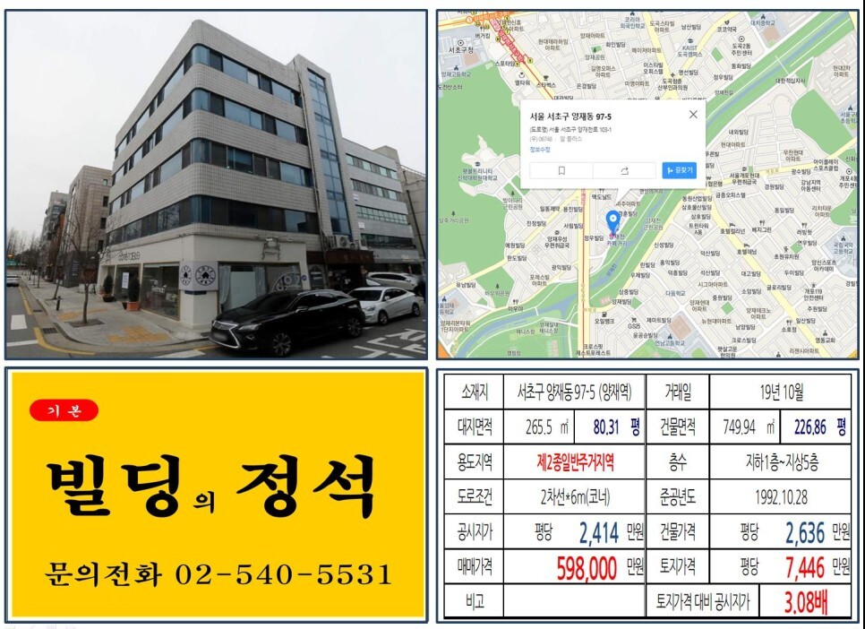  [서초구 양재천카페거리 50억 올근생 꼬마빌딩 실거래가 조회] 양재동 97-5 (양재역) 59억 8,000만 원, 평당 7,446만 원 매매되었