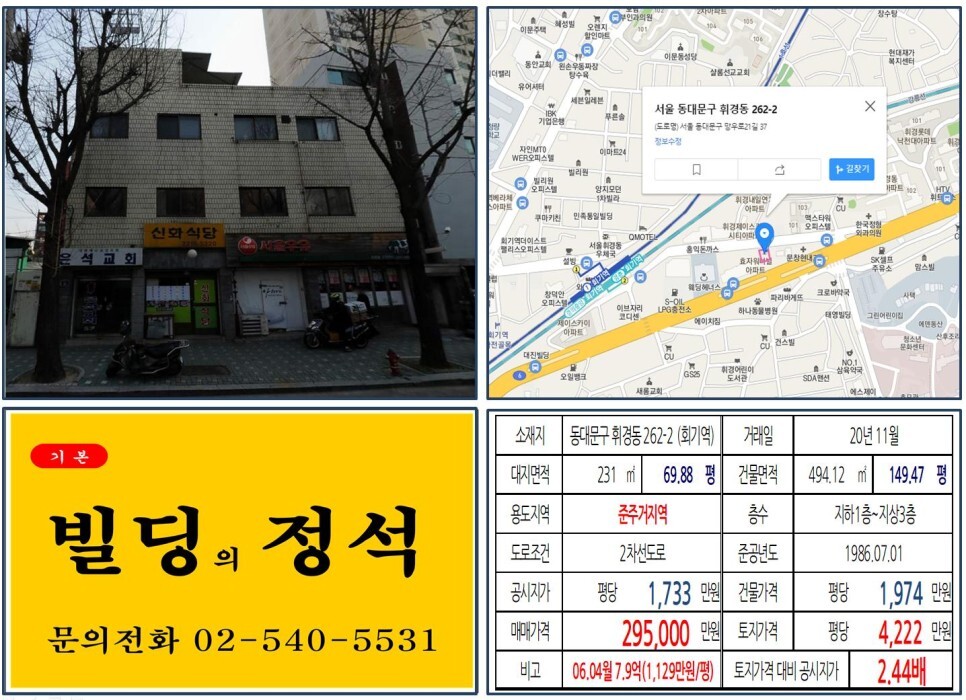  [동대문구 준주거지역 신축부지 20억 꼬마빌딩 실거래가 조회] 휘경동 262-2 (회기역) 29.5억 원, 평당 4,222만 원 매매되었습니다. 한국외국어대학교, 삼육대학교