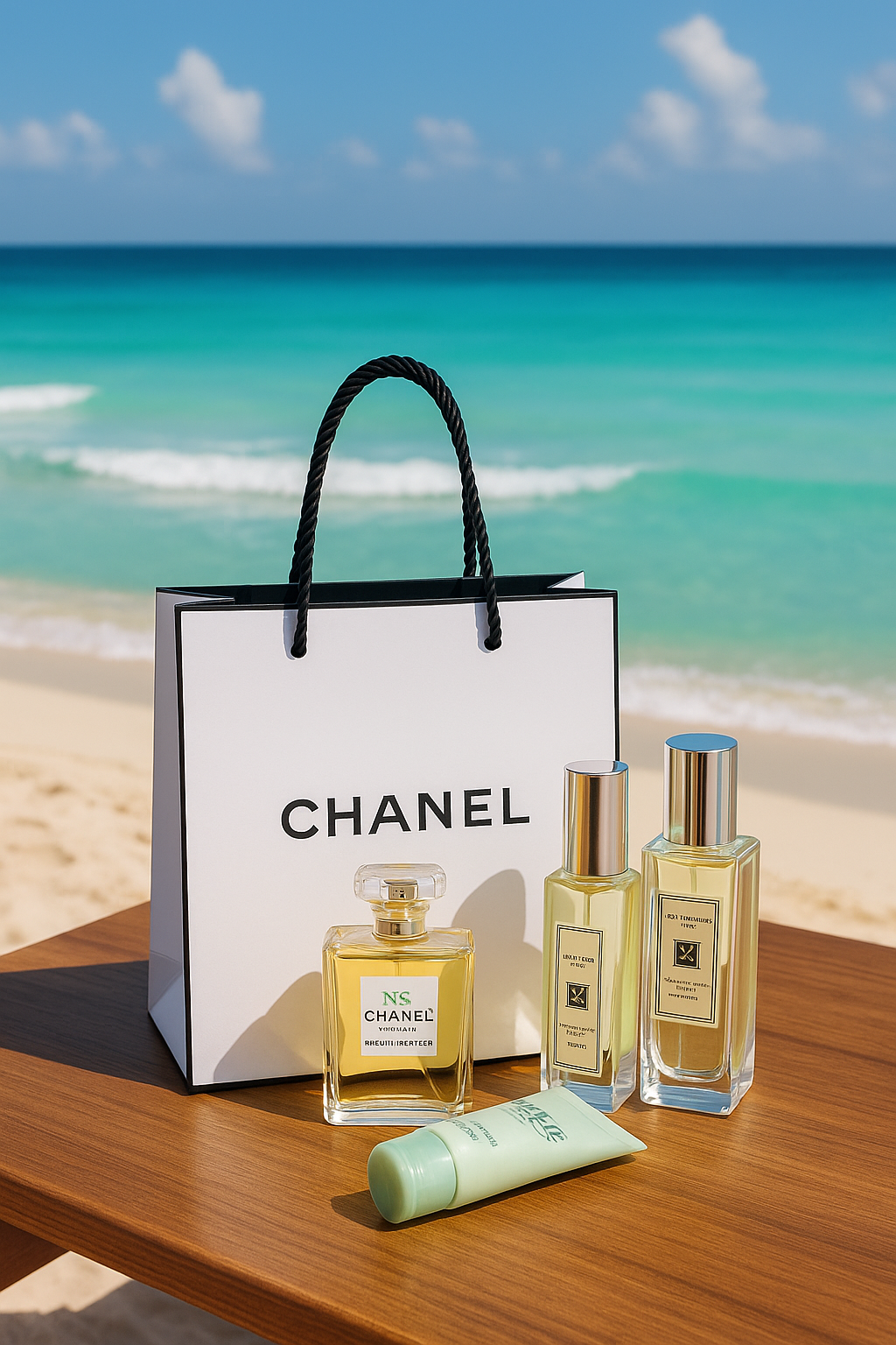 &ldquo;샤넬+조말론+클리니크&rdquo; 쇼핑백 컨셉(Chanel&middot;Jo Malone&middot;Clinique 제품들이 담긴 쇼핑백이 바다 앞 테이블에 놓인 모습)