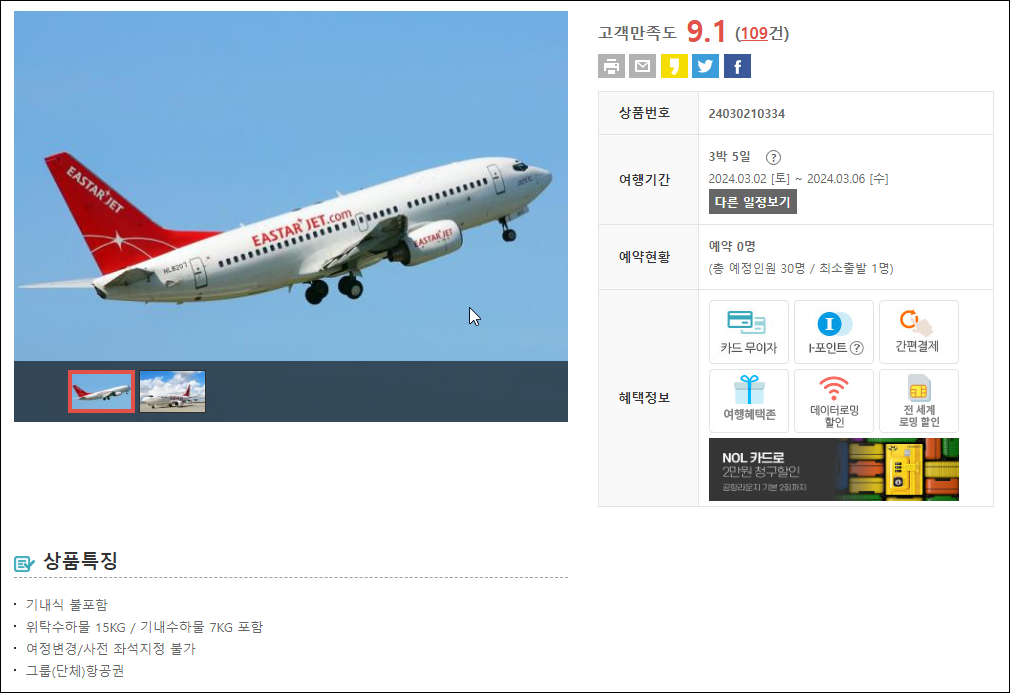 인터파크 항공권 예매 화면