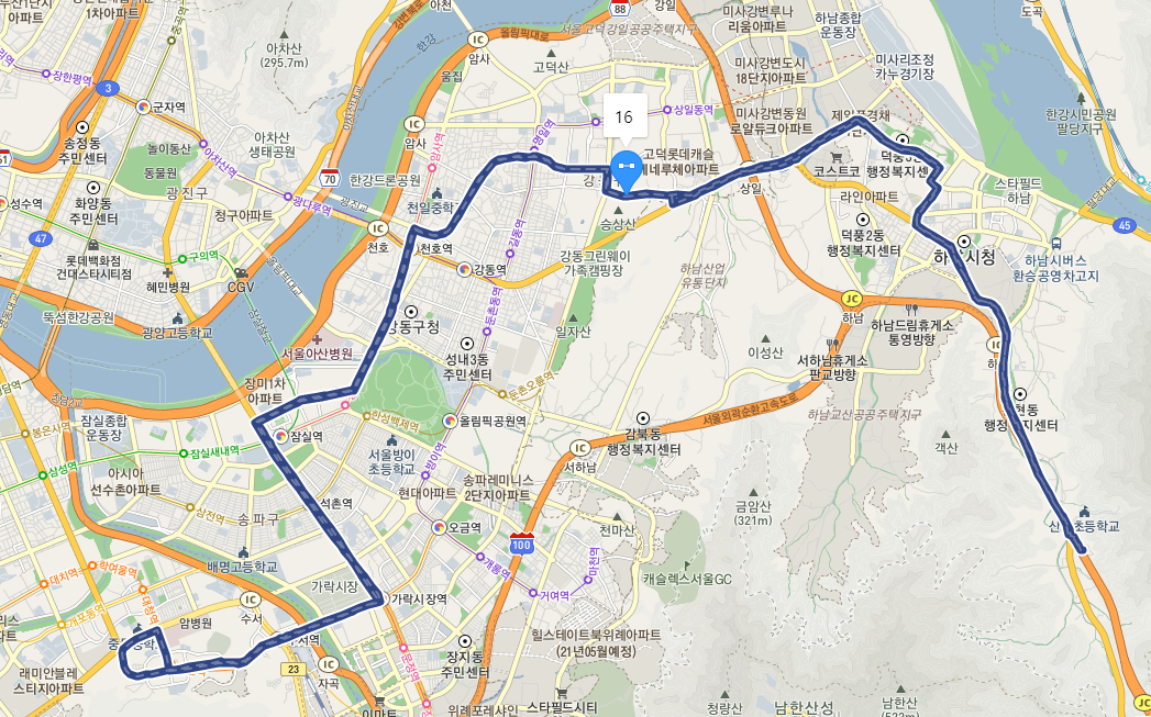  경기도 하남 16번 버스 노선, 시간표[풍산지구, 명일역, 천호역, 잠실역, 송파역, 가락시장, 삼성의료원]