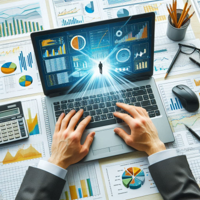 노트북과 그래프가 포함된 데이터 분석 장면