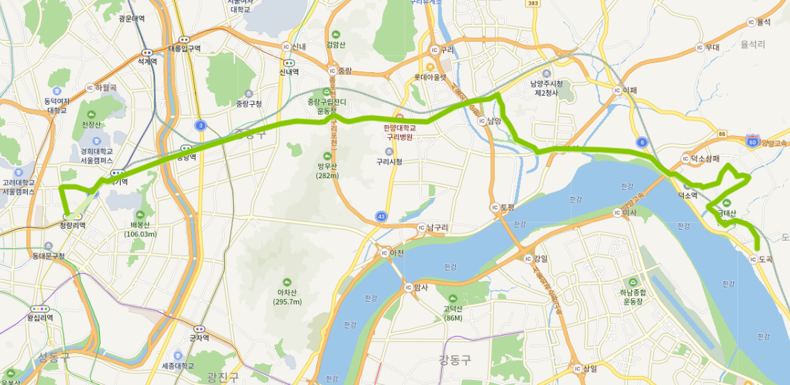  166-1번버스 실시간 정보, 노선[도심역, 덕소역, 구리역, 망우역, 상봉역, 중랑역, 삼육서울병원, 청량리역]