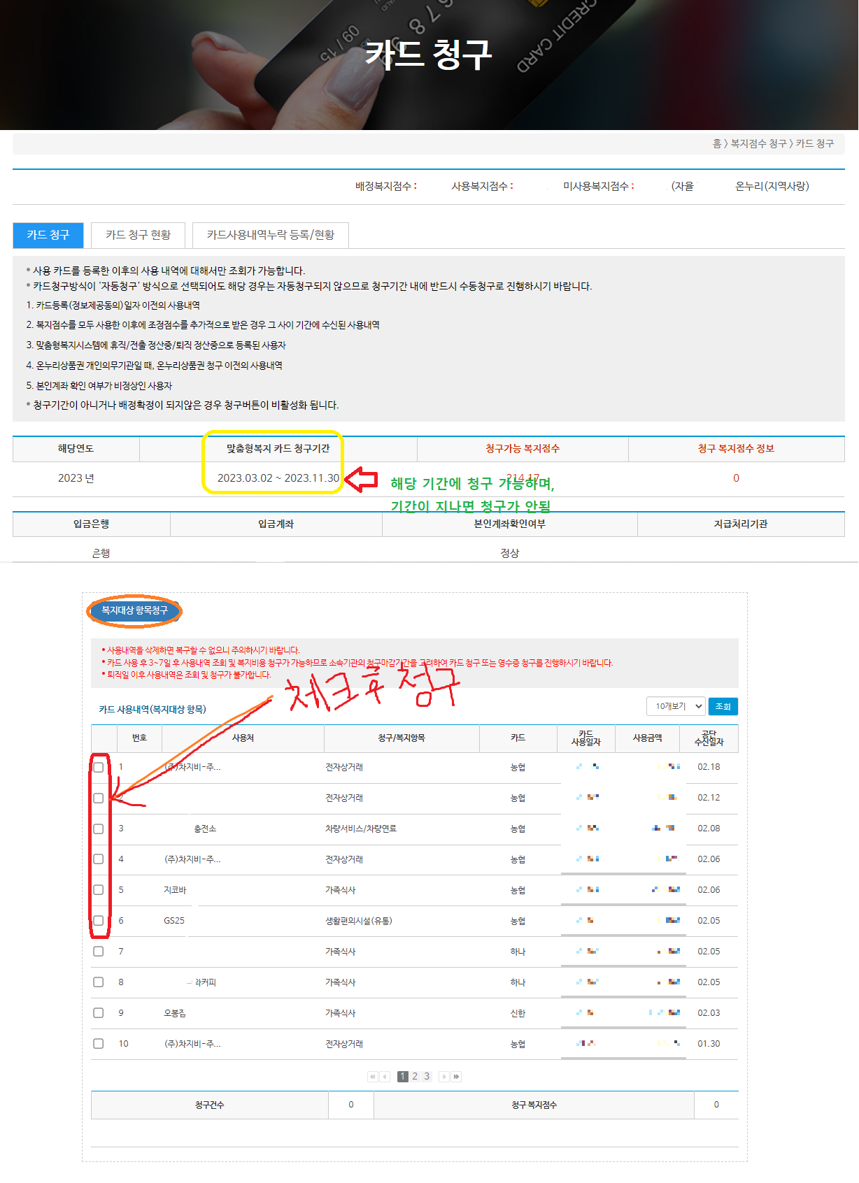 맞춤형 복지 포인트 카드 청구 내역