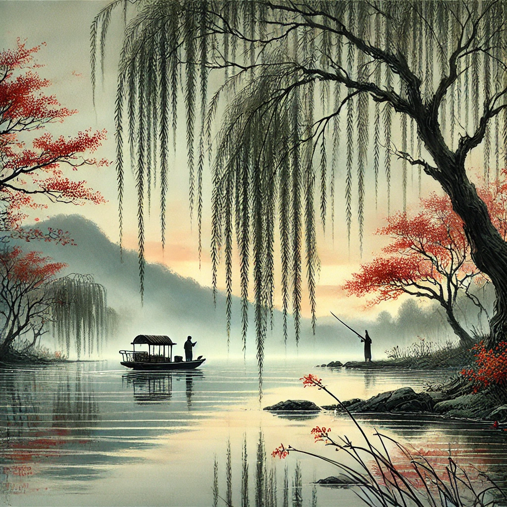 호수에서 배를 타고 낚시를 하는 그림