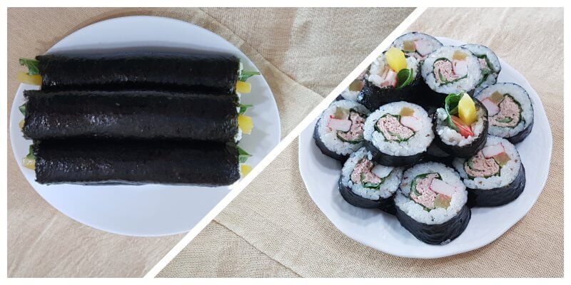 왼쪽: 완성된 참치 김밥
오른쪽: 완성된 참치 김밥을 먹기 좋게 자른 이미지