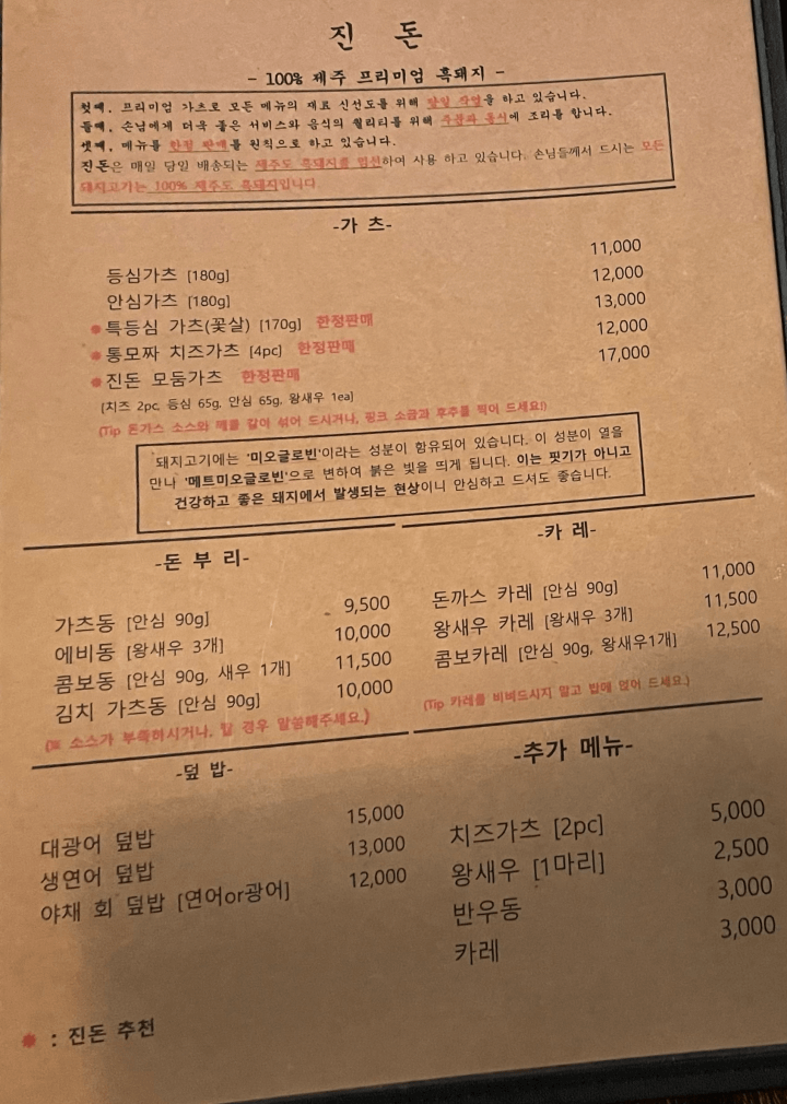 가츠 돈부리 카레 메뉴