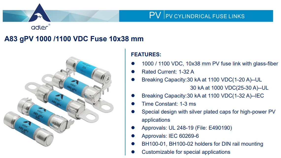  [유성테크] ADLER 태양광 휴즈 gPV휴즈 10x38mm 1100VDC 휴즈 단가 납기 품질