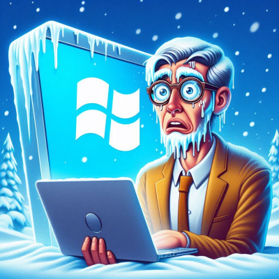 윈도우 로고 앞에서 태블릿을 들고 얼어붙은 남성