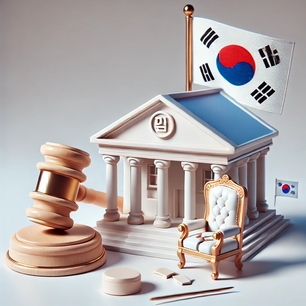 대통령 탄핵 상징 이미지, 법정과 깨진 의자, 한국 국기가 배경에 있는 모습