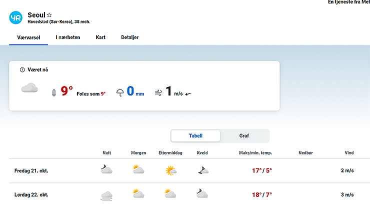 노르웨이-기상청에서-서울-날씨-확인-화면