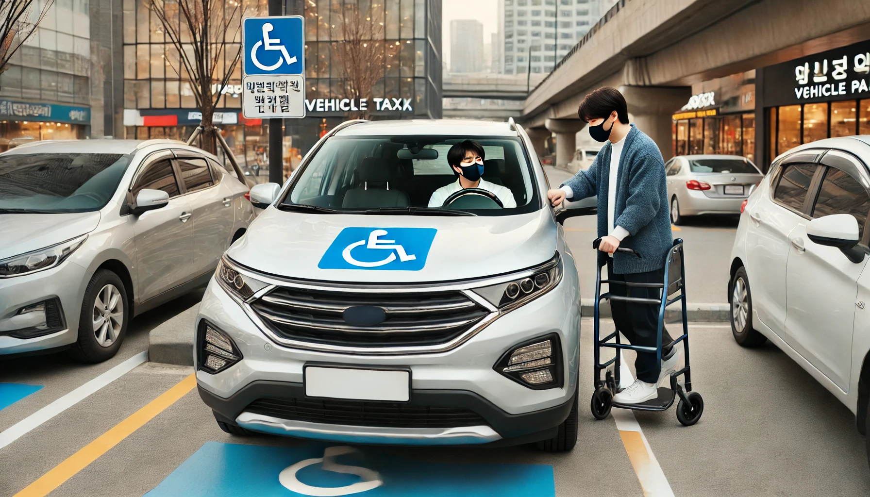 장애인 주차 구역에 차량을 주차하는 장애인 운전자