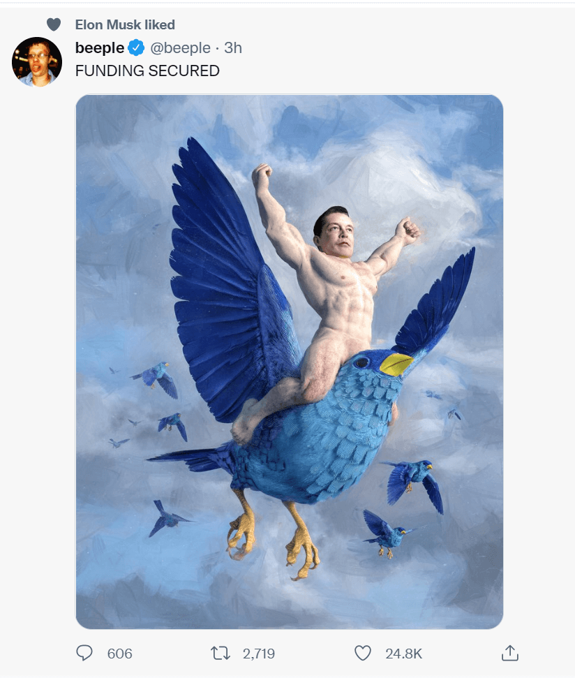 일론 머스크의 트위터인수합병에 대한 소식을 그림을 표현한 한 트위터&#44; 트위터의 상징인 새의 등 위에 타고 있는 일론 머스크는 벌거벗은 상태에서 만세포즈를 취하고 있다