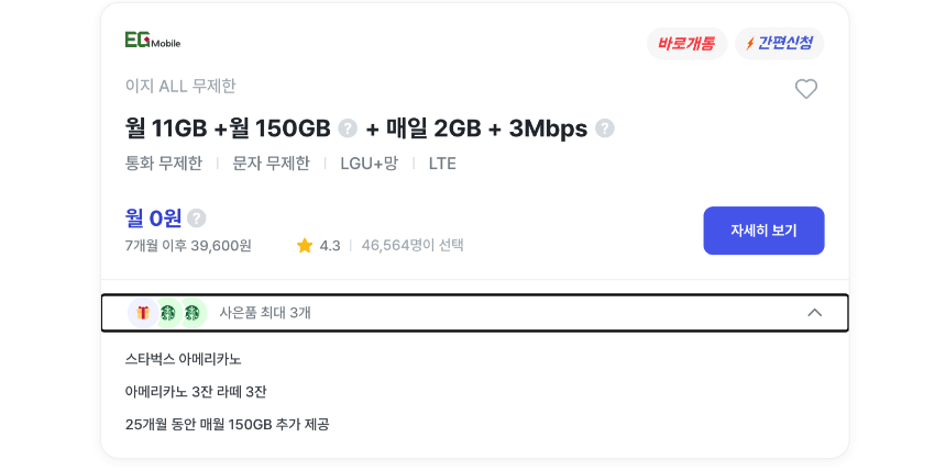 알뜰폰 요금제 비교 EG모바일 0원 요금제 설명 사진