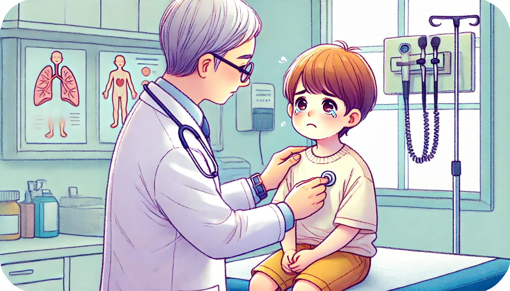 장염으로 의사에게 진료를 받고 있는 아이 모습
